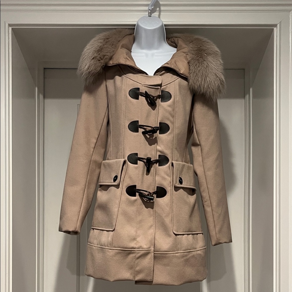 Women's Tan Toggle Coat with Removable Dyed Fox Fur Collar